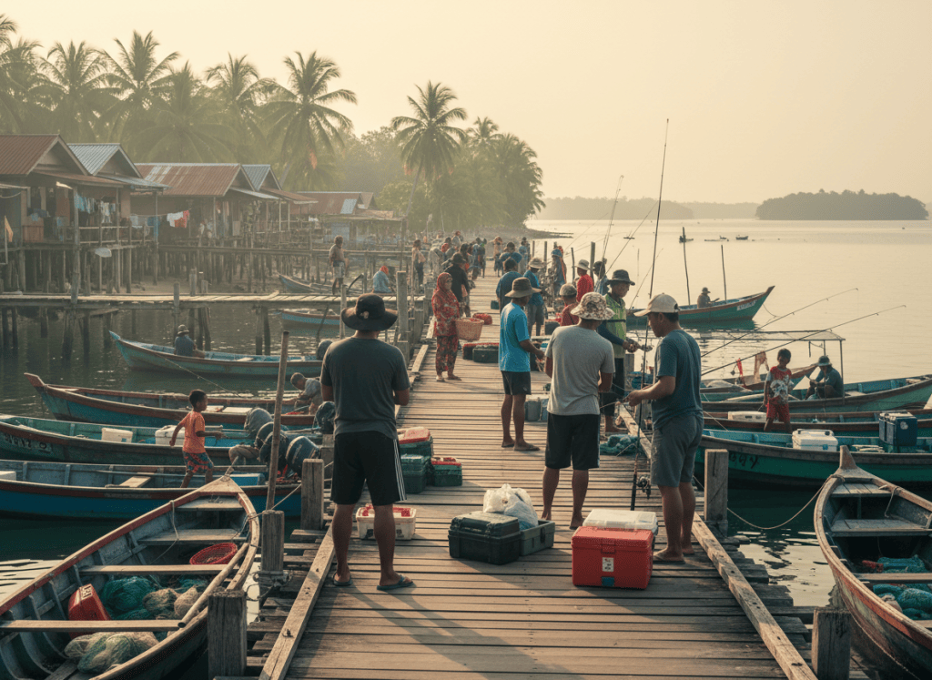 Editorial documentary photo for a Malaysian fishing news website: sea fishing community event at a Malaysian jetty, groups of anglers preparing rods and boats at Pulau Indah style coastal village, realistic morning light, community atmosphere, no logos, no readable text, no identifiable faces