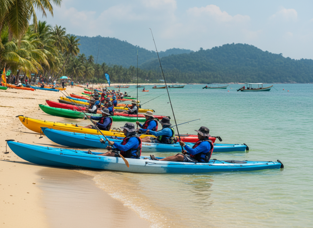 Editorial documentary photo for a Malaysian fishing news website: kayak fishing festival on a Malaysian tropical beach, colorful fishing kayaks launching from shore, anglers with rods, coastal scenery, realistic photography, natural daylight, no logos, no readable text, no identifiable faces