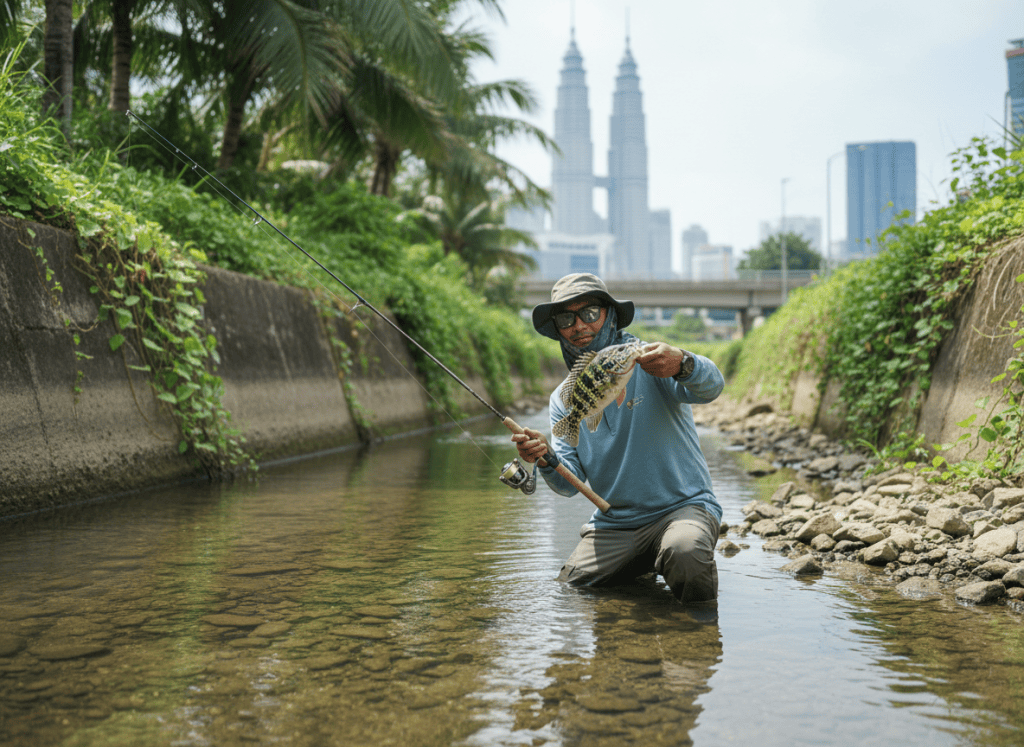 Editorial fishing news photo for a Malaysian angling website: urban angler in Kuala Lumpur fishing a shallow rocky canal with light ultralight spinning tackle, targeting a jaguar cichlid, tropical city greenery and concrete drainage channel, realistic documentary photography, natural daylight, no logos, no text, no identifiable faces