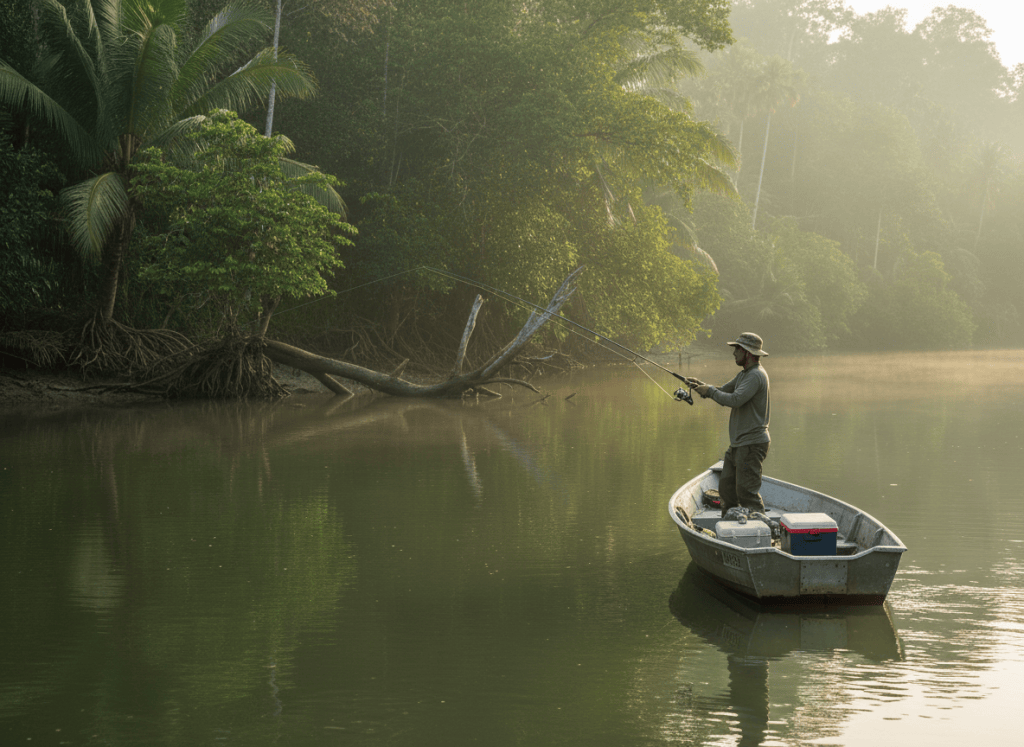 Editorial photo for a Malaysian fishing news website: recreational angler fishing for tapah in a broad Selangor river, tropical riverbank, casting lure from a small boat, realistic documentary photography, no logos, no text
