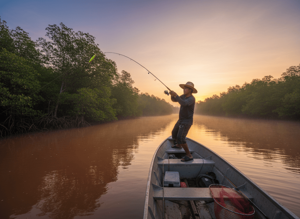Editorial photo for a Malaysian fishing news website: angler casting from a small boat in a tropical estuary at dawn, mangrove river, fishing rod and lure visible, realistic documentary photography, natural light, no logos, no text
